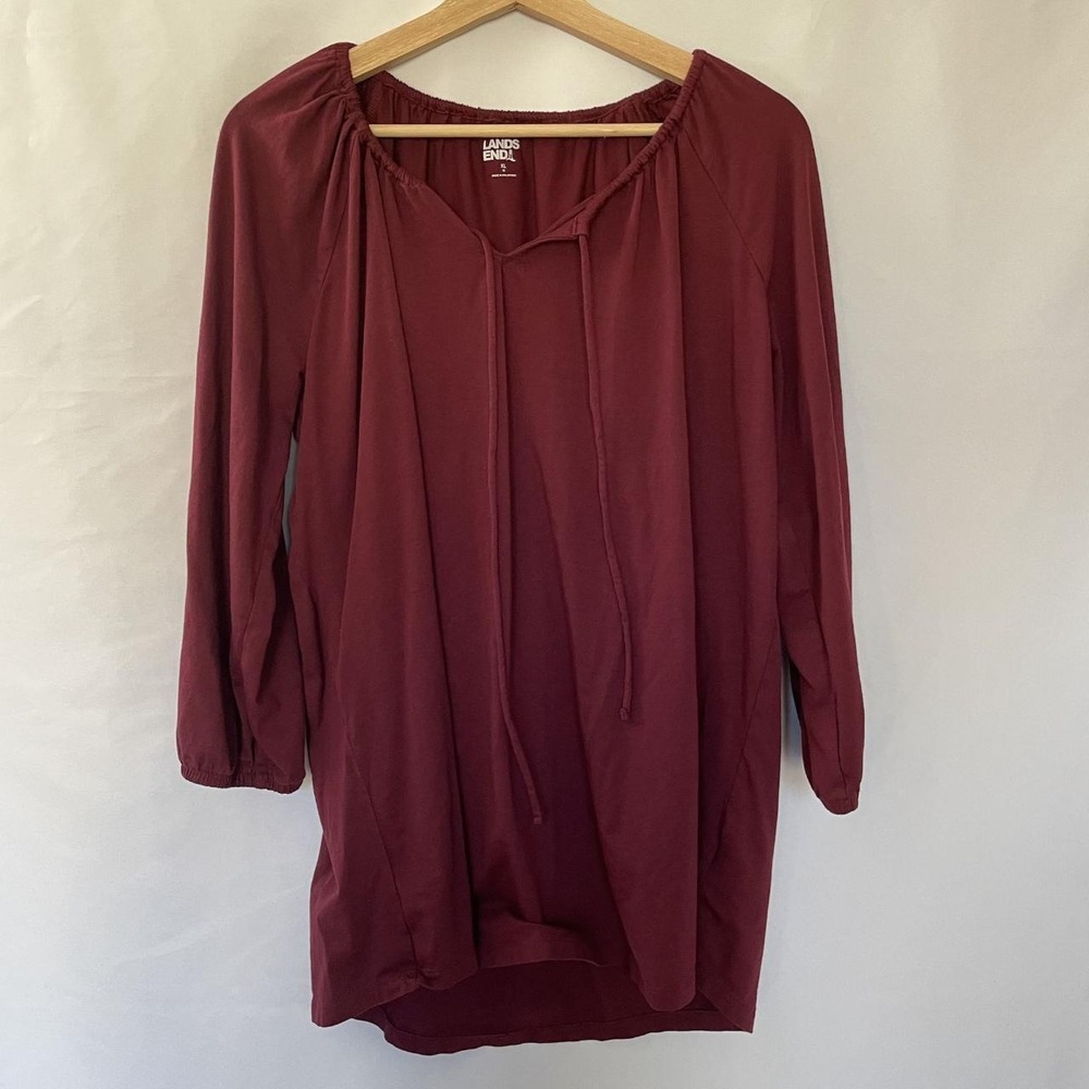 Land's End V-Neck Blouse XL Maroon Women Cotton Blend Stretch Long Sleeve